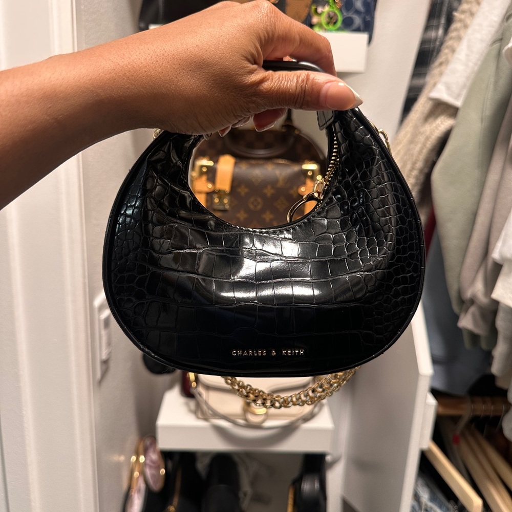 Charles & Keith Black Mini Croc-Embossed Bag